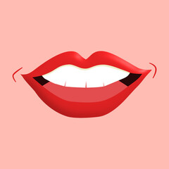 Front view of woman with open mouth with red makeup cartoon character, vector illustration isolated on peach background Design a sexy girl mouth sticker with glossy lipstick, speak, smile or sing.
