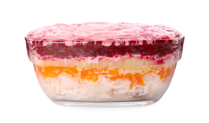 Herring under fur coat isolated on white. Traditional Russian salad