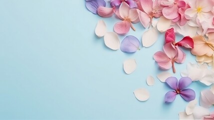 Pink and white flowers on a blue background. Created with Generative AI tools.