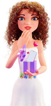 Cartoon young woman holds a gift in her hands. Curly-haired woman holds a gift box with a smartphone inside. 3D Render. Transparent background, PNG file