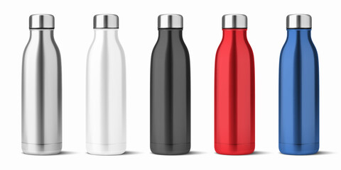 Vector Realistic 3d White, Silver, Black, Red, Blue Empty Glossy Metal Reusable Water Bottle with Silver Bung Set Closeup Isolated. Design template of Packaging Mockup. Front View