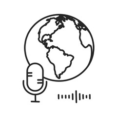 world podcast icon, microphone with globe, international radio day, global mass media, sound broadcast, thin line symbol on white background - editable stroke vector illustration eps10.