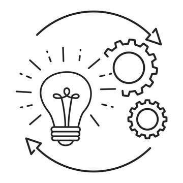 implement idea icon, solution execute develop, configuration cogwheel with light bulb, innovation analysis process, success industry preferences, vector illustration eps10.