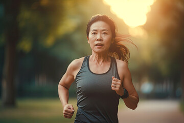 Middle aged asian woman running in park. Generative AI