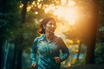 Obraz na płótnie Canvas Middle aged asian woman running in forest at sunset. Generative AI