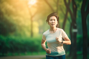 Fototapeta na wymiar Middle aged asian woman running in park. Generative AI