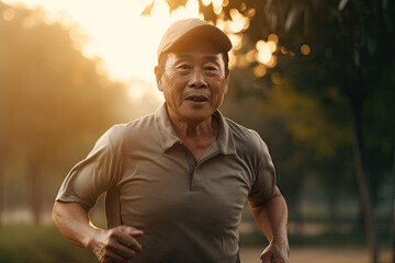 Obraz premium Older asian man running in park at sunset. Generative AI