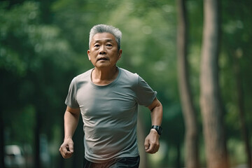 Naklejka na ściany i meble Older asian man running in park. Generative AI
