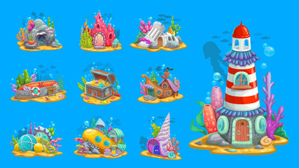 Underwater fairytale buildings and dwellings or undersea homes, vector cartoon game assets. Underwater creatures houses of boat submarine in ocean coral reef, sea mermaid or fish dwelling in shell