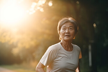 Older asian woman running in park at sunset. Generative AI