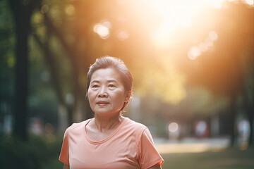 Older asian woman running in park or forest at sunset. Generative AI