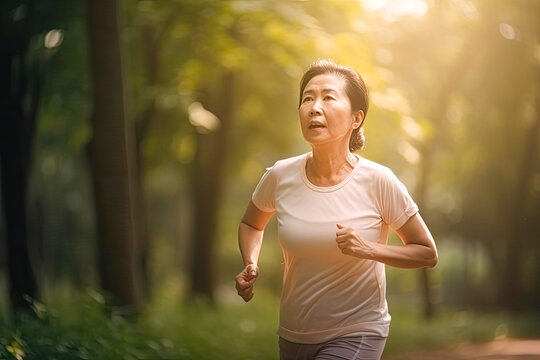 Middle aged asian woman running in park or forest at sunset. Generative AI