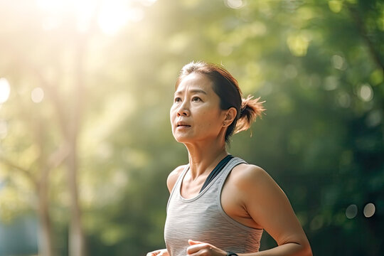 Middle aged asian woman running in park. Generative AI