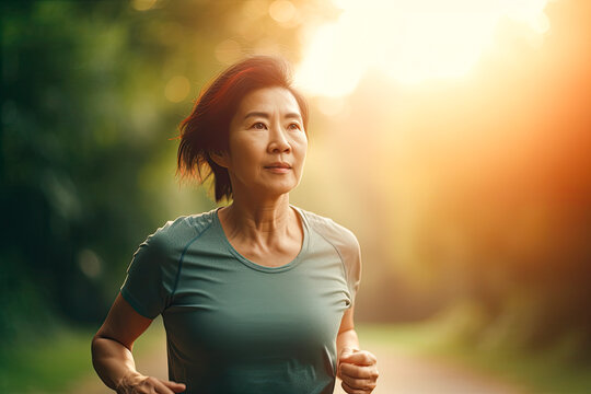 Middle aged asian woman running in park at sunset. Generative AI