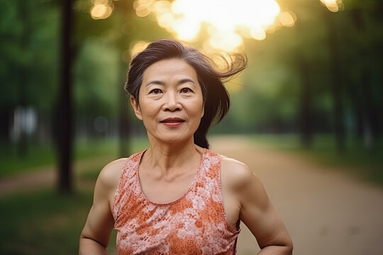 Middle aged asian woman running in park. Generative AI
