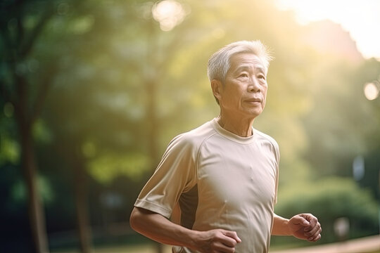 Older asian man running in park. Generative AI