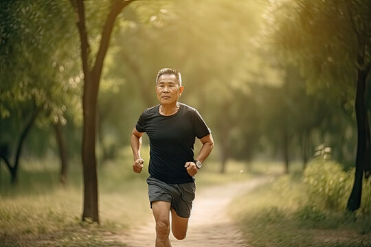 Older asian man running in park. Generative AI
