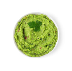 Bowl of delicious guacamole isolated on white, top view