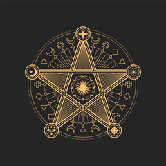 Esoteric and occult pentagram, mason or tarot symbol. Vector sacred star sign with crescent moon, Sun or stars, eye and cross. Astrological amulet, isolated tarot card spiritual magic talisman, emblem