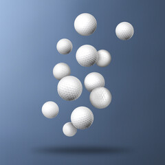 Many golf balls falling on steel blue gradient background