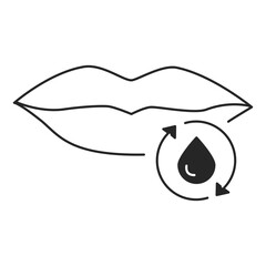 Lip outline icon, lipstick or water gel, mouth with liquid drop, water cycle for face, thin line symbol on white background.