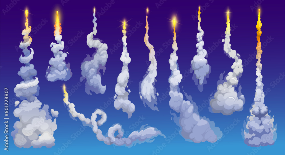 Poster cartoon rocket smoke trails, spaceship launch fire tail with clouds, vector spaceflight effects. spa