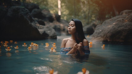 Amidst the serene beauty of nature, a girl in rural Thailand dons a colorful sarong while taking a refreshing dip in a stream by a picturesque waterfall, surrounded by blooming flowers, Generative AI