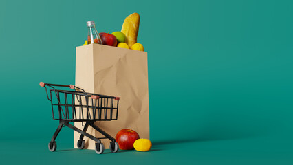 Grocery shopping concept background image with fruit in a shopping cart. 3d rendering