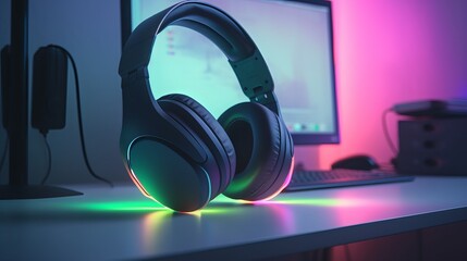 Modern wireless headphones on a computer desk with neon lights
