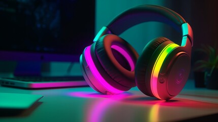 Fototapeta na wymiar Modern wireless headphones on a computer desk with neon lights 