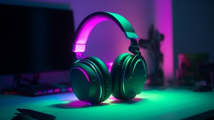 Obraz na płótnie Canvas Modern wireless headphones on a computer desk with neon lights 