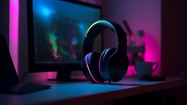 Modern wireless headphones on a computer desk with neon lights
