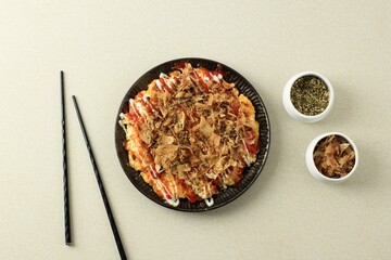 Okonomiyaki, Japanese Osaka Seafood Pancake with Dried Bonito