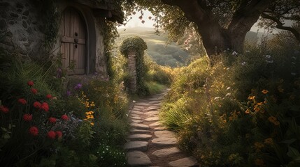 Tranquil Haven: Enchanting Pathway to a Rustic Cottage Door in a Vibrant Flower Garden 3. Generative AI