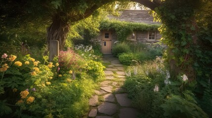 Fototapeta na wymiar Tranquil Haven: Enchanting Pathway to a Rustic Cottage Door in a Vibrant Flower Garden 1. Generative AI