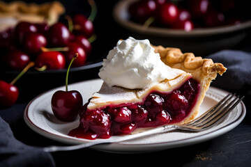 Slice of cherry pie topped with a scoop of ice cream on a sunny day near a window, generative AI