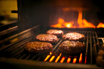 Juicy beef patties for hamburgers being grilled on a grill grate with flames underneath, generative AI