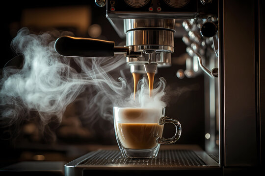 Cup of coffee being filled with hot espresso with steam coming out, generative AI