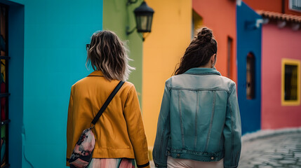 Fototapeta premium カラフルな街中を歩く多様性を考えるお洒落な女性 