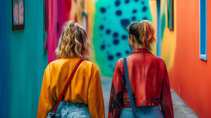 Fototapeta premium カラフルな街中を歩く多様性を考えるお洒落な女性 