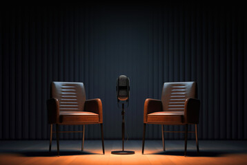 two chairs and microphones in podcast interview talk show room copy space background Generative AI