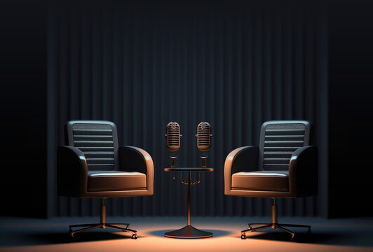 two chairs and microphones in podcast interview talk show room copy space background Generative AI