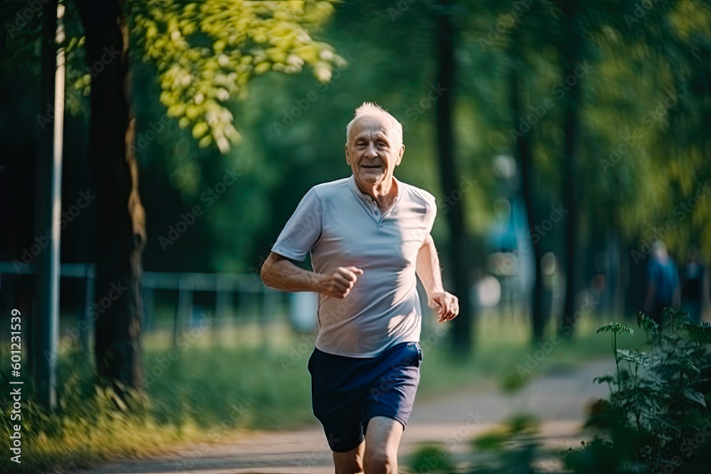 Wall mural Older man running in park with trees in background, sunny warm day. Generative AI