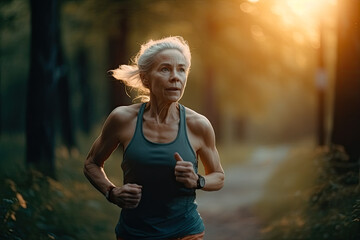 A middle aged woman running in the city park at sunset. Generative AI