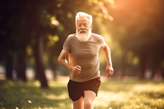 Older man with beard running in park with trees in background, sunny warm day. Generative AI