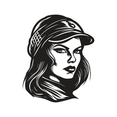 women rogue, vintage logo line art concept black and white color, hand drawn illustration