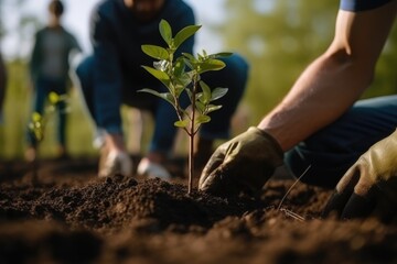 Person planting trees or working in community garden promoting local food production and habitat restoration, concept of Sustainability and Community Engagement. generative AI