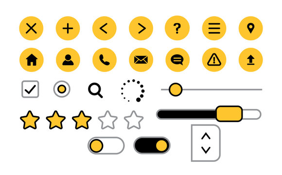 Exit, Add, Backward, Forward, Help, Settings, Home, Profile, Phone, Email, Message, Caution Alert, Upload, Location, Checkbox, Search, Loading, Star Ratings, Slider Bars, Toggle On and Off, Arrows