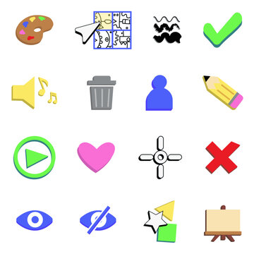 Kid-Friendly Artistic Icons: Paint Palette, Selection Tool, Brushes, Checkmark, Music Sound, Trash, Profile, Pencil, Play, Heart, Color Picker, Exit, Visible Eye, Not Visible Eye, Shapes, Canvas