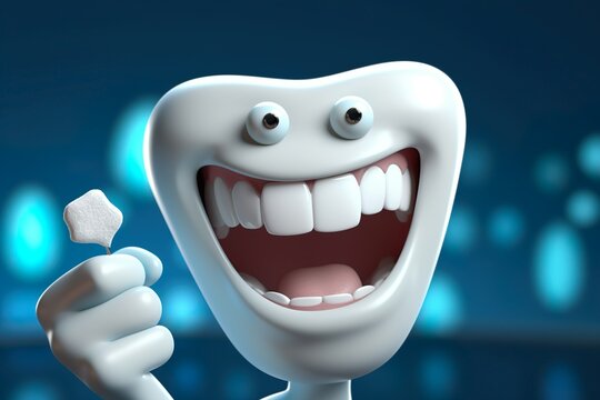 3D White Tooth Cartoon Characters with Thumbs Up - Cleaning and Whitening Teeth Concept on Bright Background, Tooth cartoon characters with thumbs up on bright background, Generative ai